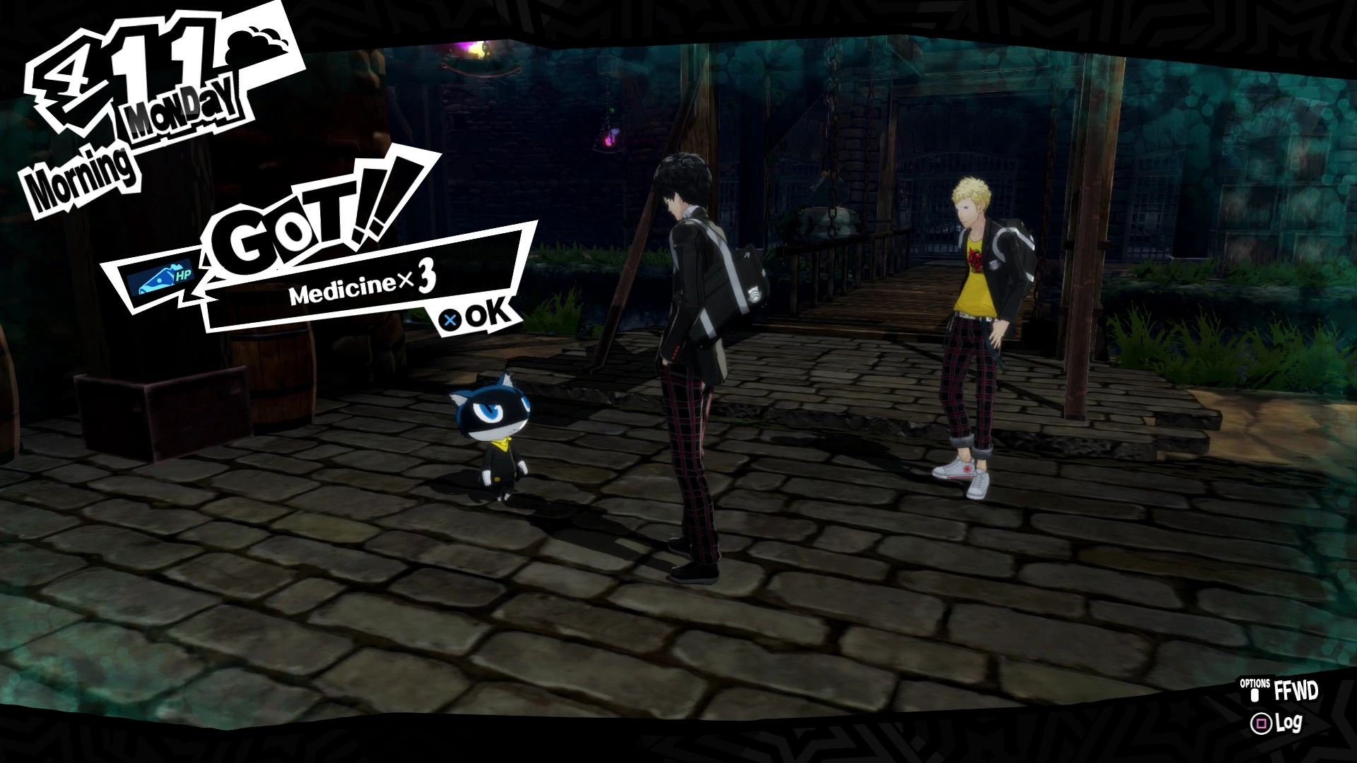 Persona 5 gameplay with angular black-and-white user interface panels