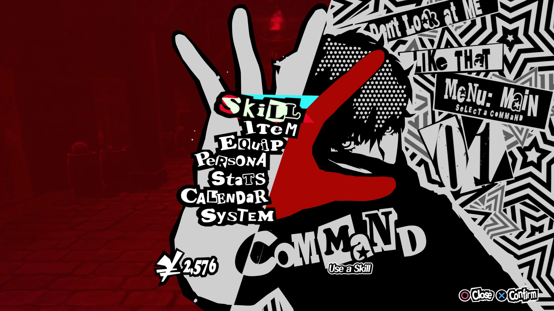Persona 5 menu with high-contrast inverted black-and-white typography