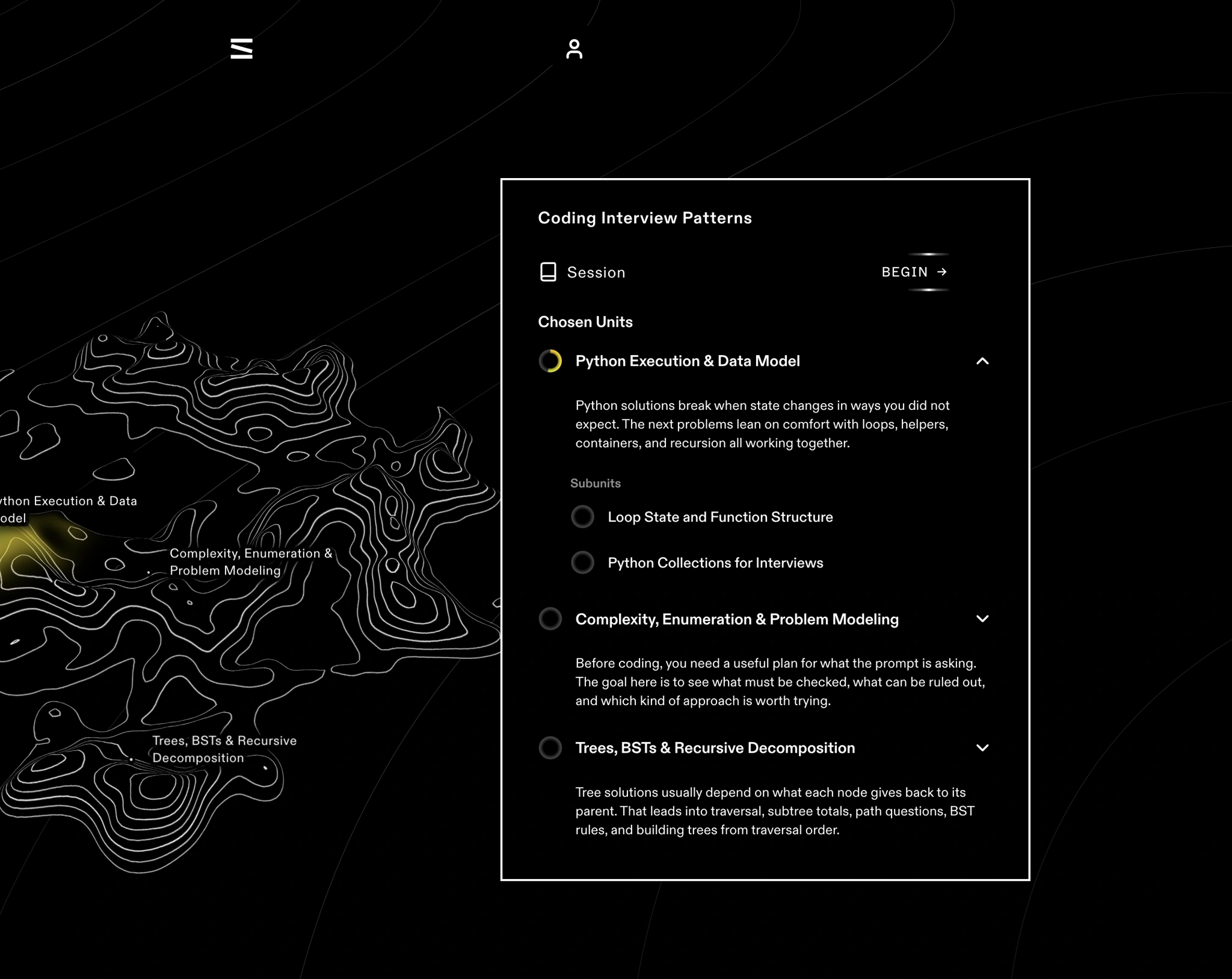 Coding Interview Patterns island with an expanded course panel