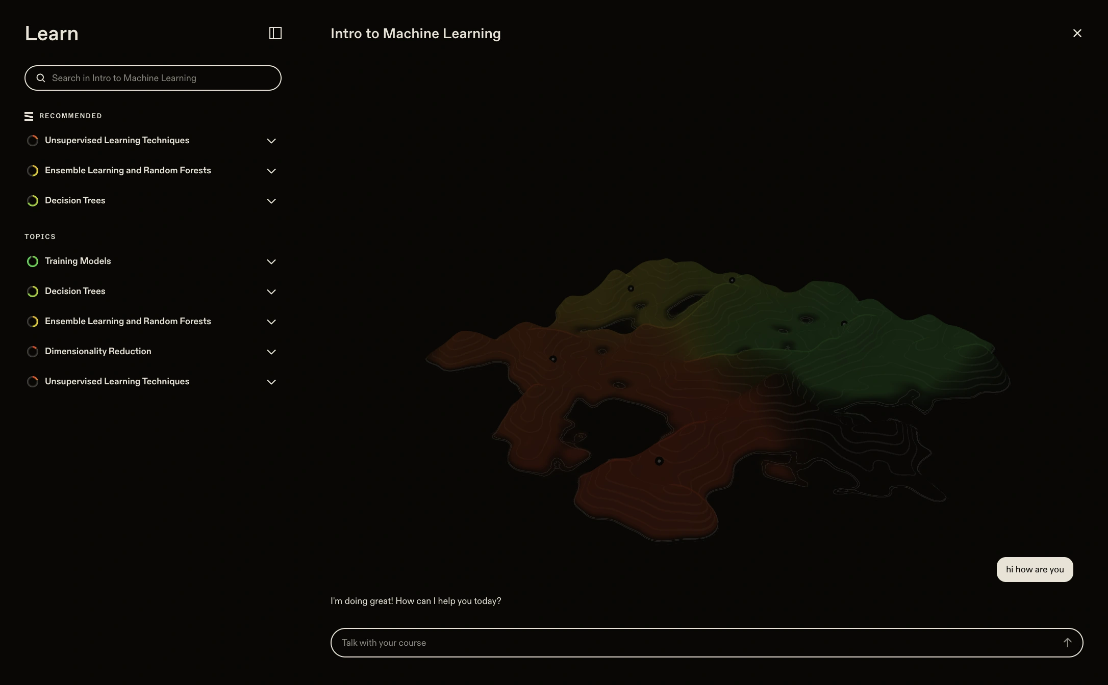 Slate's study interface with course topics, the island preview, and a tutoring conversation